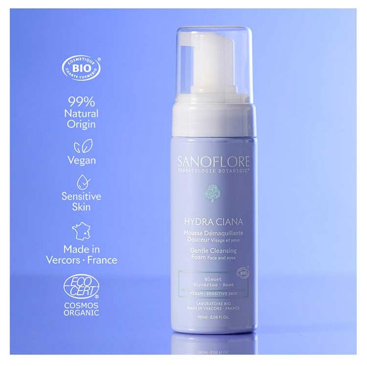 Sanoflore Hydra Ciana رغوة تنظيف لطيفة للعينين والوجه 150 ml