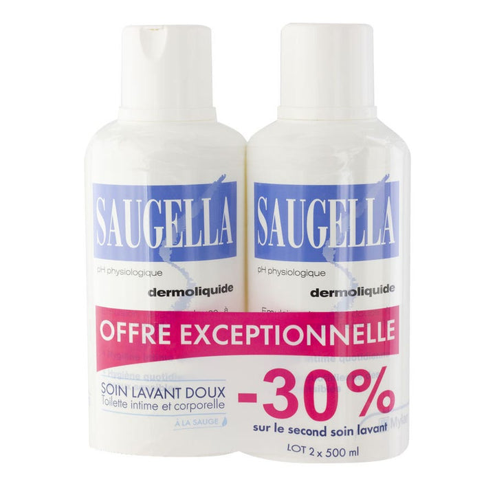 Saugella Dermoliquid Cleansing Emulsion 500ml x2 (16.91fl oz x2) - FrenchBeautyHub