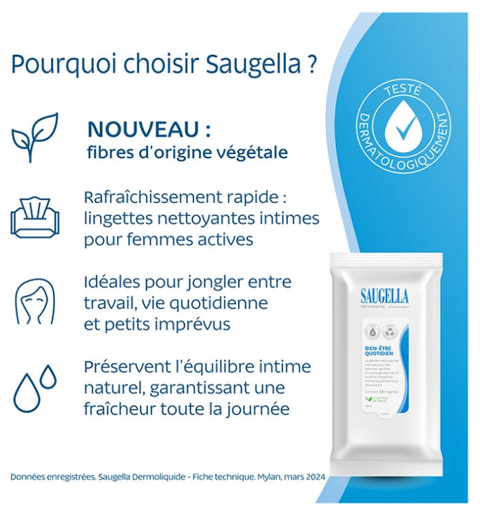 Saugella Dermoliquids مناديل مبللة للمنطقة الحميمة عبوة من 15 x15
