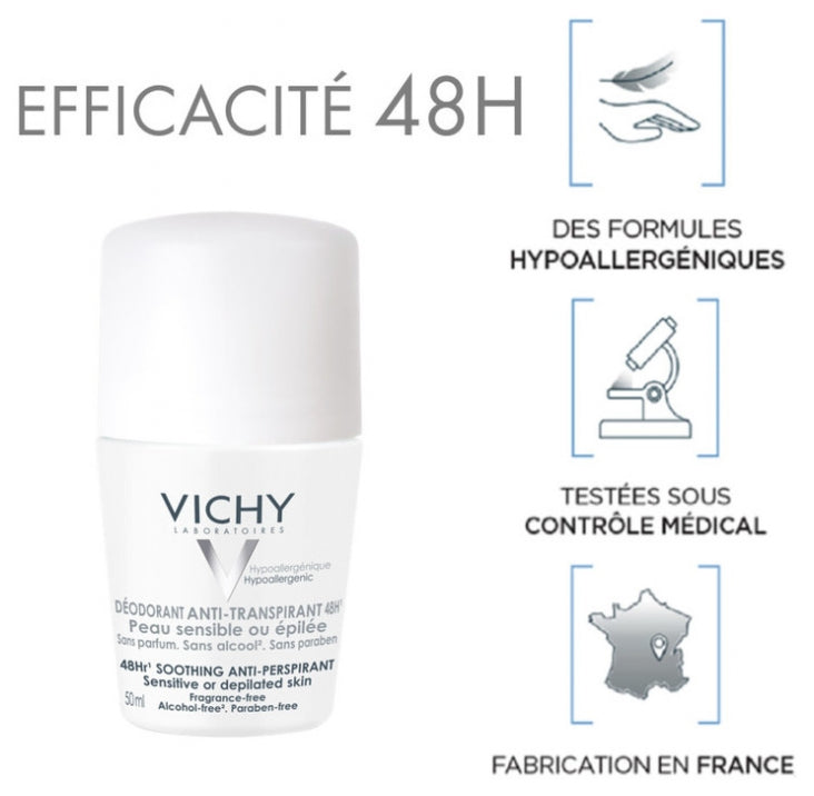 Vichy Anti-Perspirant مزيل عرق للبشرة الحساسة أو بعد إزالة الشعر حماية لمدة 48h 50ml