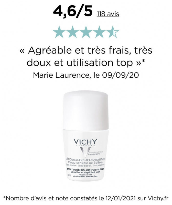 Vichy Anti-Perspirant مزيل عرق للبشرة الحساسة أو بعد إزالة الشعر حماية لمدة 48h 50ml