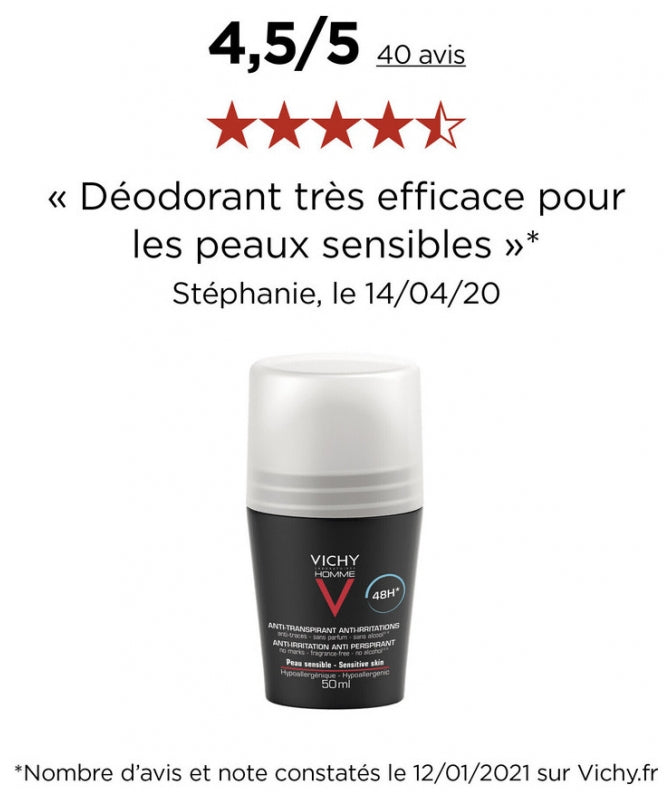 Vichy Homme Déodorant Anti-transpirant Roll-on Peaux Sensibles 48h