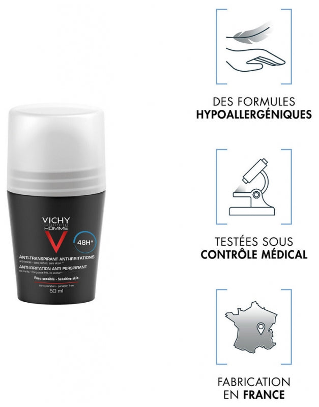 Vichy Homme Déodorant Anti-transpirant Roll-on Peaux Sensibles 48h