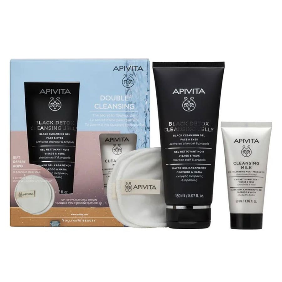 Giftboxes Double Cleansing Gel Black 150ml + 3-in-1 Cleansing Milk 50ml + Reusable Cotton buds Apivita