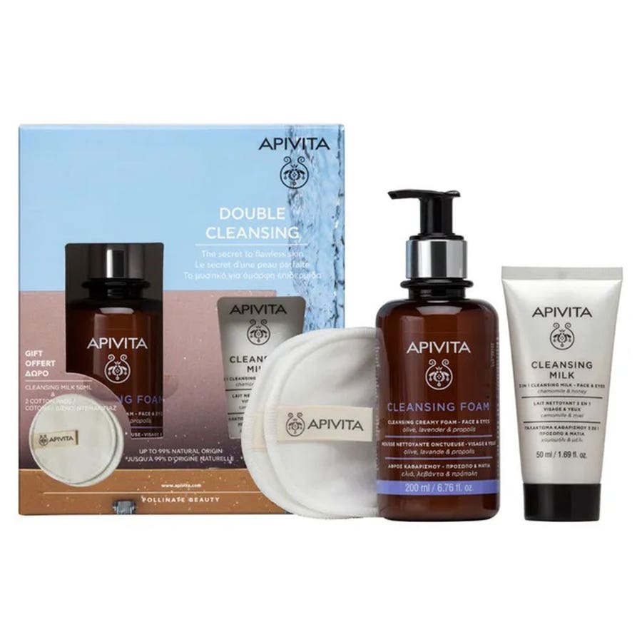Double Cleansing Giftboxes Cleansing Foam 150ml + 3-in-1 Cleansing Milk 50ml + Reusable Cotton buds Apivita