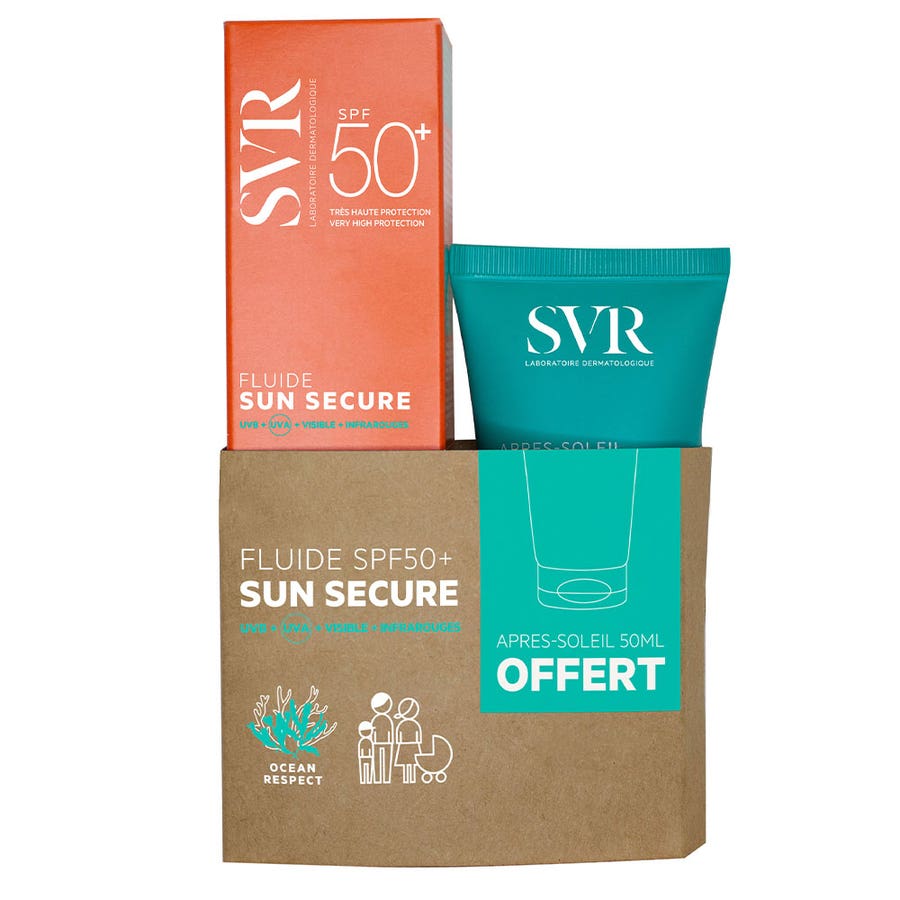 Fluide très haute protection Spf50+ 50ml + Lait Après Soleil 50ml Offert Sun Secure Peaux Hypersensibles Au Soleil Svr